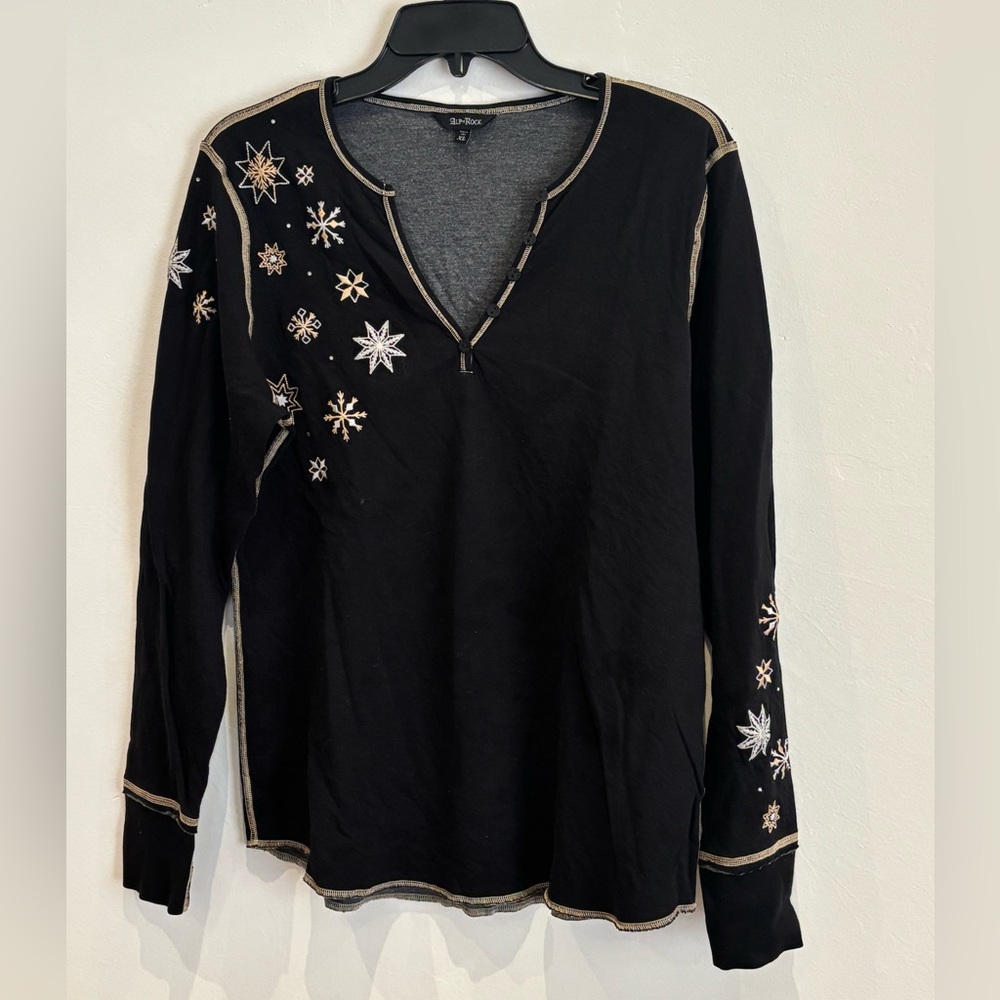 Alp N Rock Black Long Sleeve V-Neck Henley with Metallic Star Embroidery
